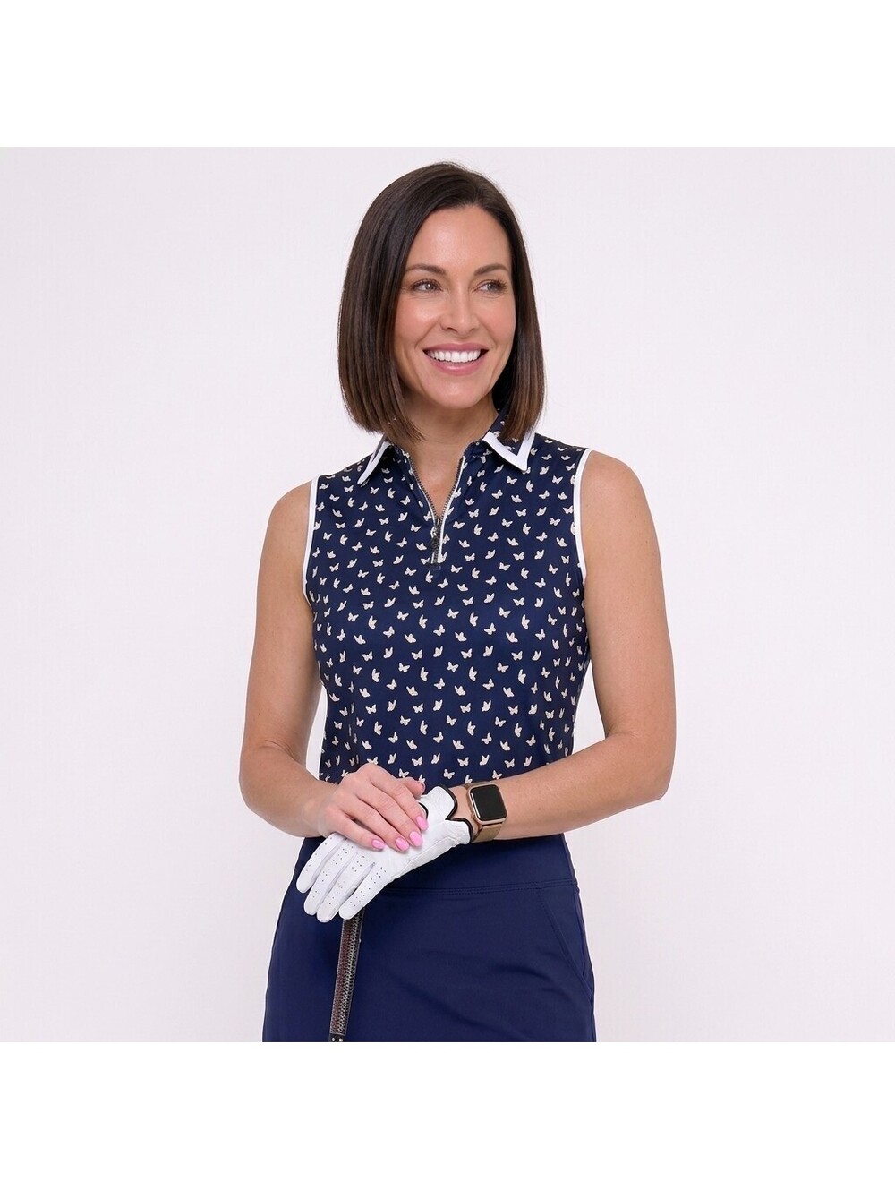 NEW BELYN KEY Navy Cantaloupe Butterfly Birdie Sleeveless Golf Shirt Size XS NWT